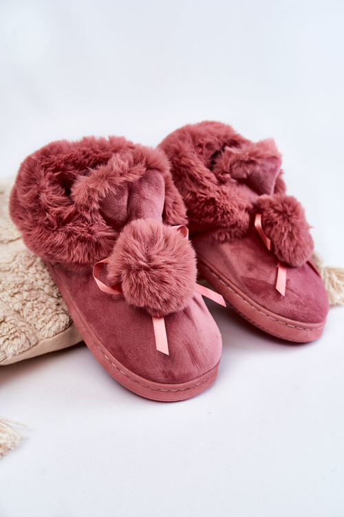 Damskie Wsuwane Futrzane Papcie Z Pomponem Różowe Noemi