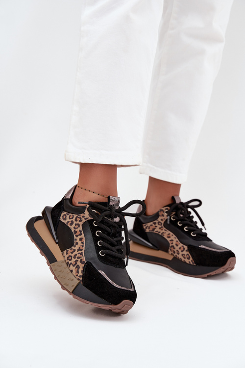Skórzane Sneakersy Damskie Na Platformie Panterka Artiker 55C0134 Czarne