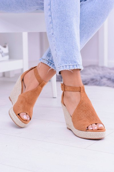 Zamszowe Espadryle Sandały Na Koturnie Camel Sunlast