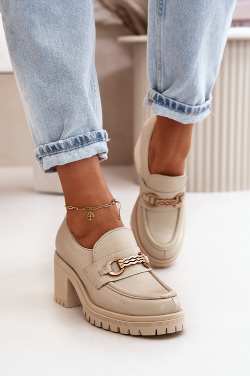 Zazoo 20175 Półbuty Damskie Na Słupku Skóra Naturalna Jasnobeżowe