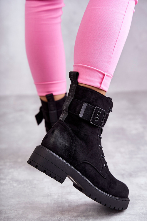 Damskie Botki Zamszowe Sznurowane Na Płaskim Obcasie Czarne Firmina