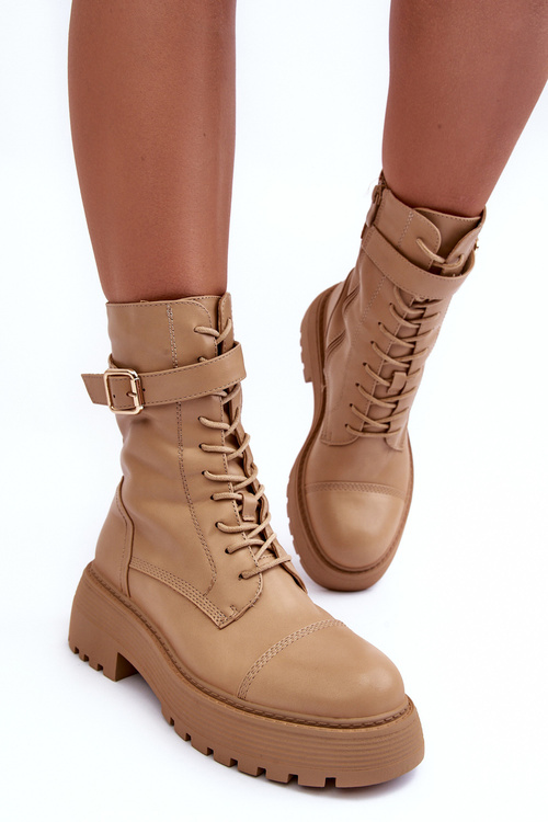 Skórzane Botki Workery Na Płaskim Obcasie Z Klamrą Beżowe Samivlo