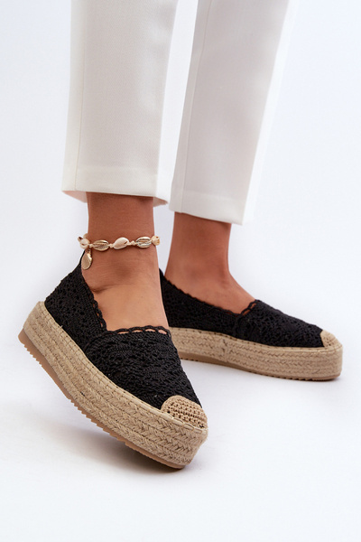 Espadryle Damskie Koronkowe Na Platformie Czarne Elarose