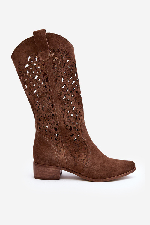 Zazoo 3403 Ażurowe Kozaki Damskie Na Niskim Obcasie Brązowe