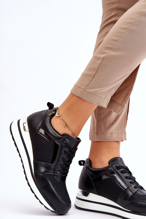 Skórzane Buty Sportowe Na Niewysokim Koturnie Czarne Braylen