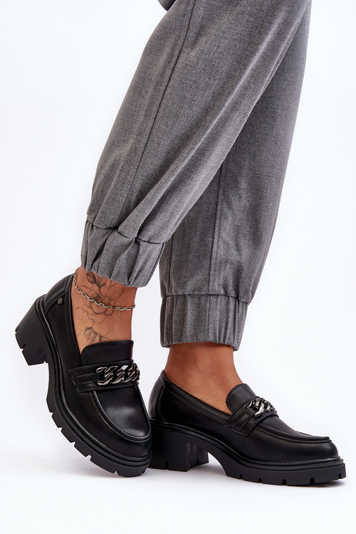 Skórzane Damskie Półbuty Na Niskim Obcasie Czarne Blimma