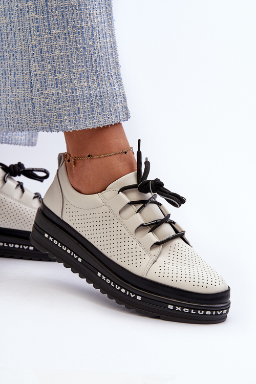 Skórzane Półbuty Damskie Na Platformie S.Barski LR769A Beżowe