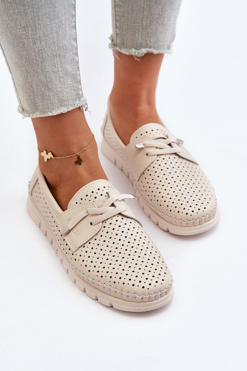 Skórzane Półbuty Damskie Ażurowe Beżowe Darnissa