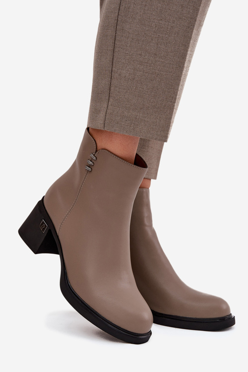 Skórzane Ocieplane Botki Damskie Na Klocku Vinceza 91159 Ciemnobeżowe