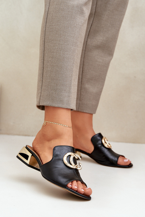 Skórzane Eleganckie Klapki Damskie Na Niskim Obcasie Laura Messi 2874 Czarne