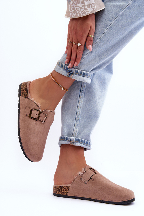 Zamszowe Klapki Damskie Z Futerkiem Beżowe Haidamia