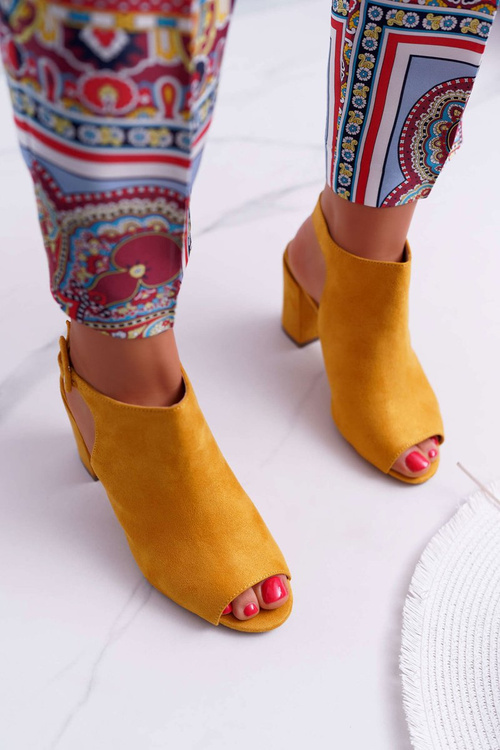 Sandały Damskie Na Słupku Z Cholewką Peep Toe Żółte Esta