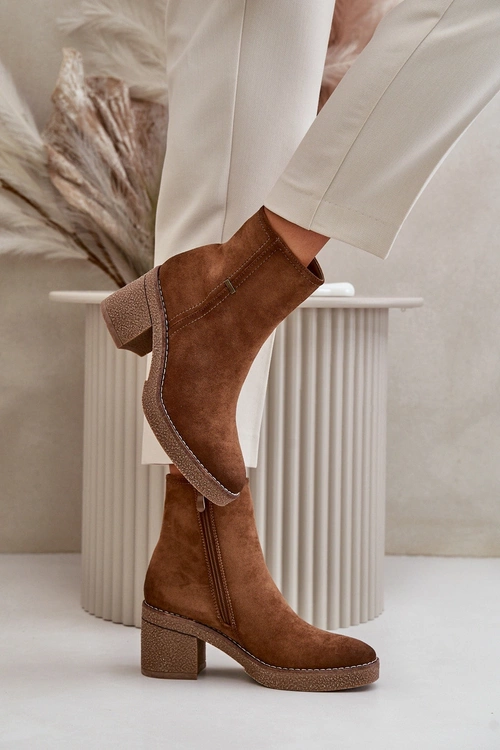 Botki Damskie Na Słupku Ocieplane Eko Zamszowe Khaki Arkesia