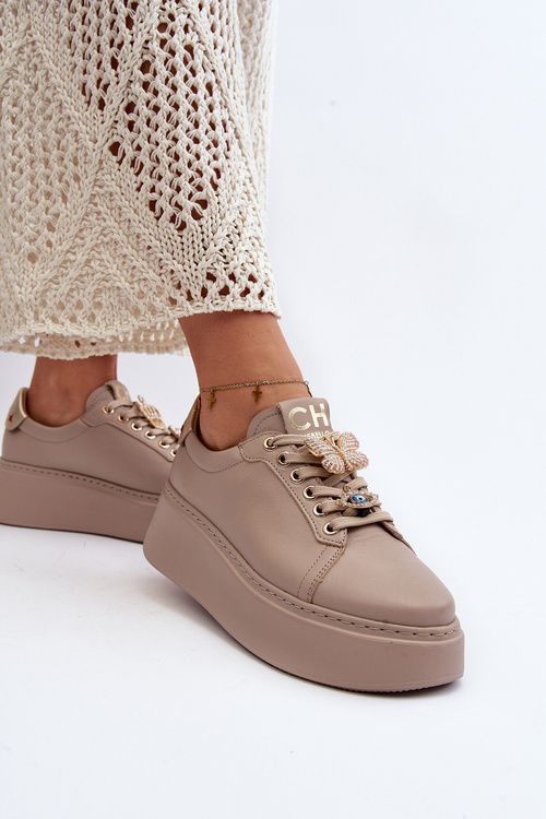 Damskie Skórzane Sneakersy Z Ozdobami CheBello 4292 Beżowe