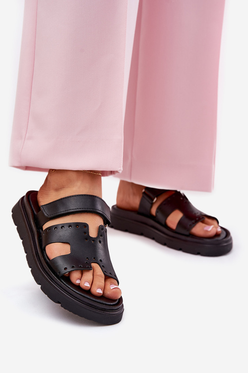 Klapki Damskie Z Naturalnej Skóry Na Platformie Zazoo 40440 Czarne