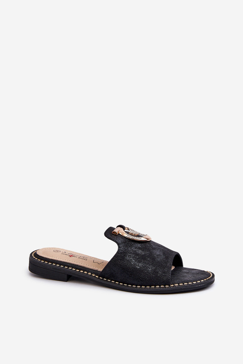 Eleganckie Błyszczące Klapki Damskie Z Ozdobą S.Barski KV27-032 Czarne