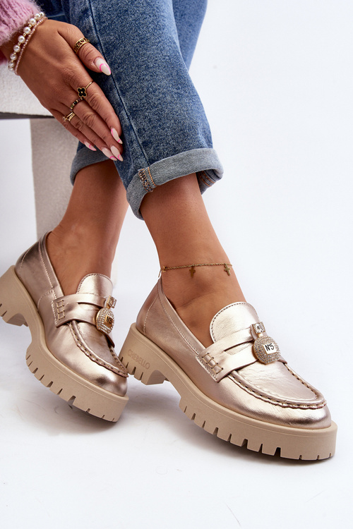 Skórzane Półbuty Mokasyny Z Ozdobą CheBello 4291 Złote