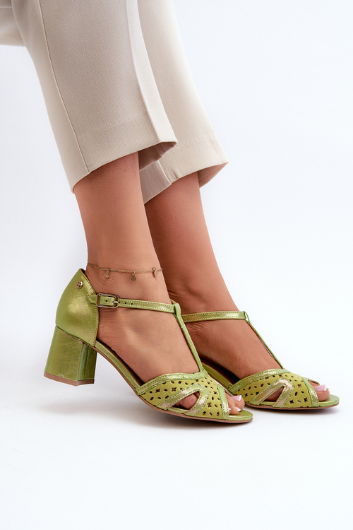 Sandały Skórzane Damskie Na Obcasie Maciejka 06551-09 Limonkowe