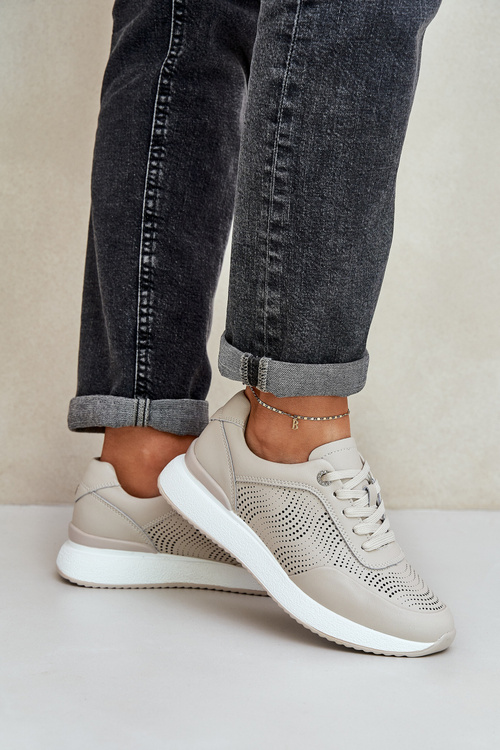 Skórzane Buty Sportowe Sneakersy Damskie S.Barski LR51-551 Beżowe