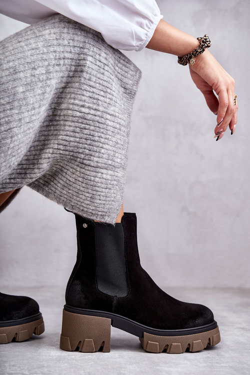 Zamszowe Damskie Botki Na Platformie Czarne Lemar Hilde