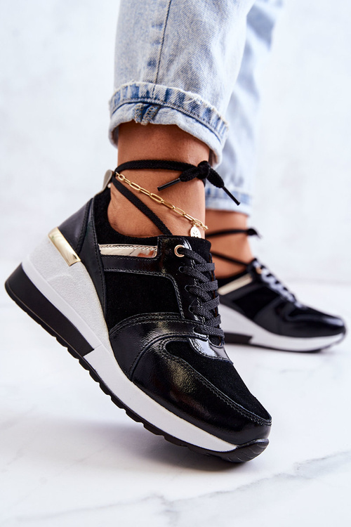 Skórzane Buty Sportowe Na Koturnie Czarno-Białe Rayana