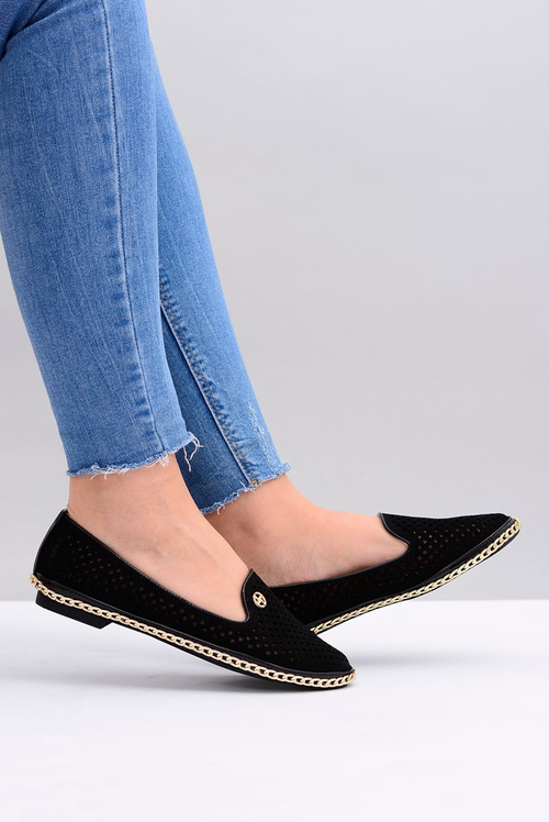 Lu Boo | Czarne Ażurowe Balerinki Lordsy Stylish