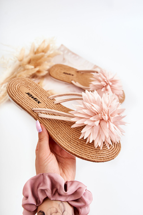 Damskie Klapki Japonki Z Materiałową Ozdobą Jasnoróżowe Eviana