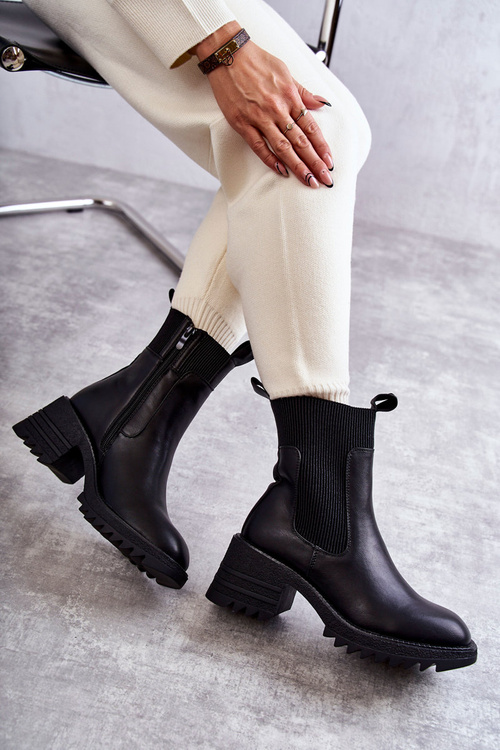 Damskie Ocieplane Botki Na Obcasie Czarne Abella