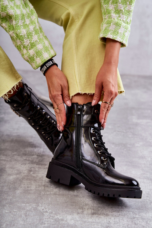 Lakierowane Damskie Ocieplane Botki Z Ozdobą Czarne Hayes