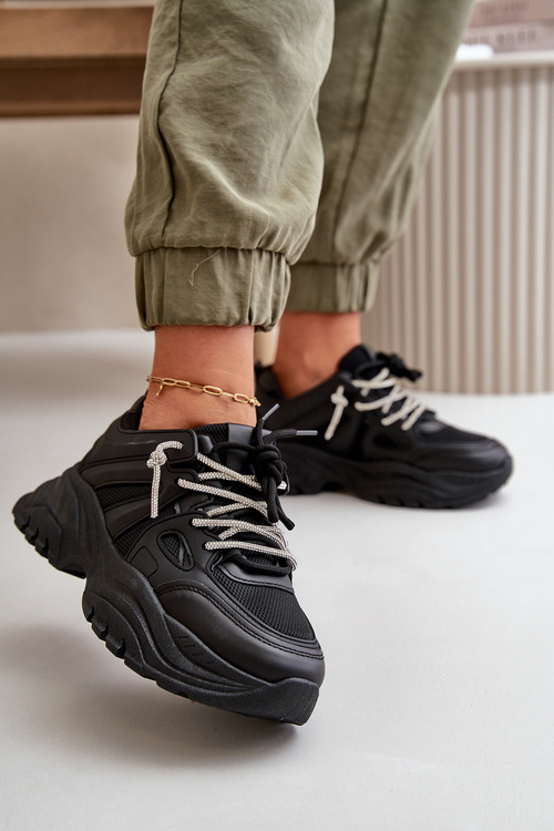 Sneakersy Damskie Na Masywnej Podeszwie Z Ozdobnym Sznurowaniem Czarne Relissa