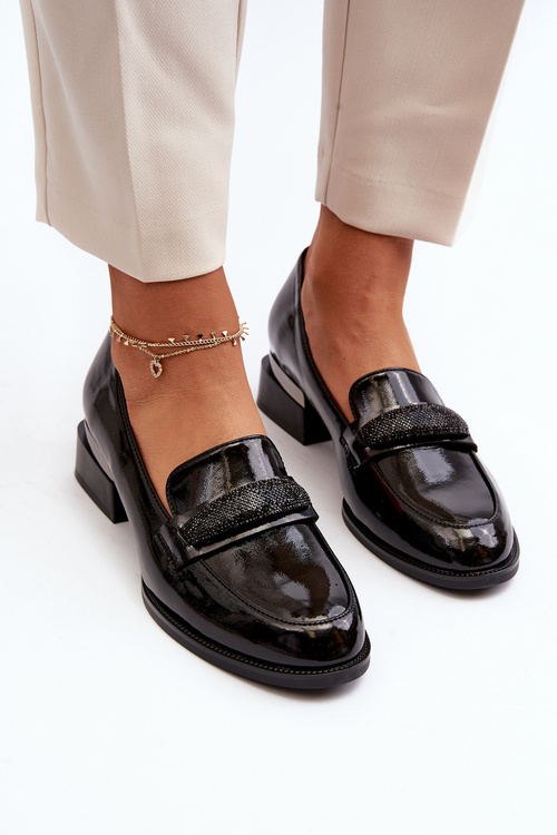 Damskie Półbuty Lakierowane Na Niskim Obcasie Czarne Marilni