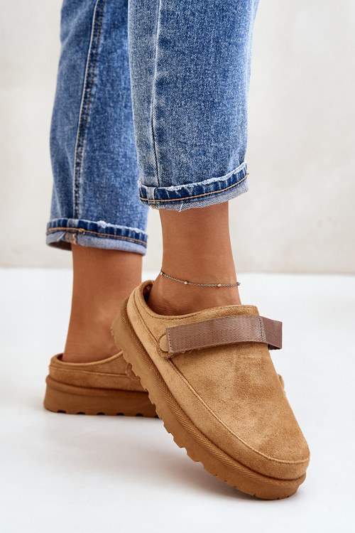 Damskie Kapcie Ocieplane Futerkiem Na Platformie Camel Azida