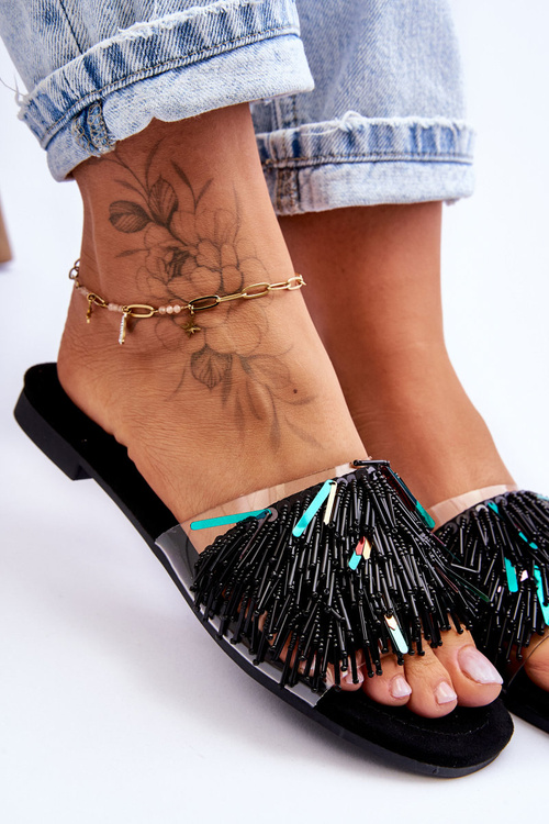 Damskie Klapki Z Modnymi Ozdobami S.Barski KV-576-4 Czarne