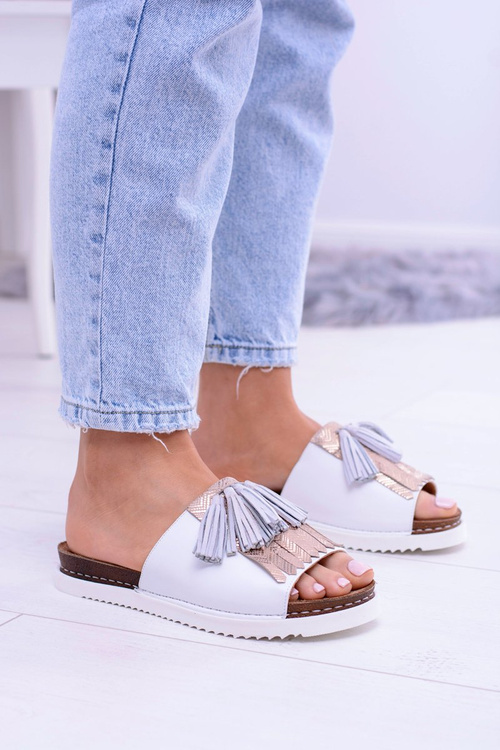 Skórzane Białe Eleganckie Klapki Maciejka Resto