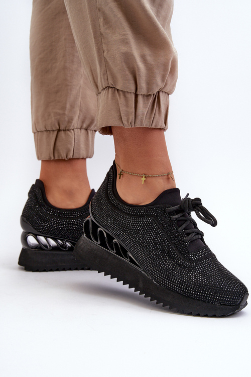 Sneakersy Damskie Na Koturnie Zdobione Cyrkoniami D&A MR38-377 Czarne