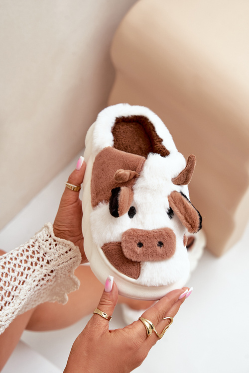 Futrzane Kapcie Krowy Damskie Brązowe Remiola