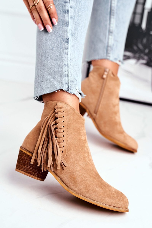 Botki Damskie Na Słupku Z Frędzlami Kowbojki Khaki Mirage