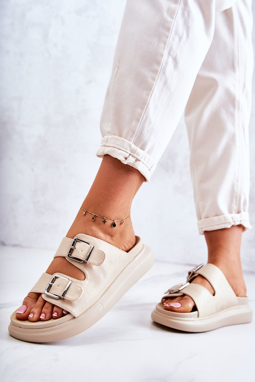 Damskie Skórzane Klapki Ze Sprzączką La.Fi Beżowe Nariss