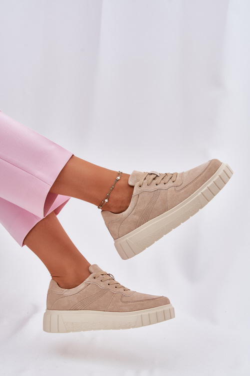 Zamszowe Sneakersy Damskie Na Platformie Beżowe Rilwena