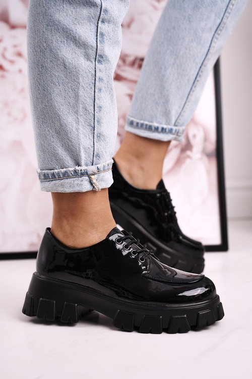 Damskie Półbuty Oxfordy Na Masywnej Platformie S.Barski HX23 Lakierowane Czarne