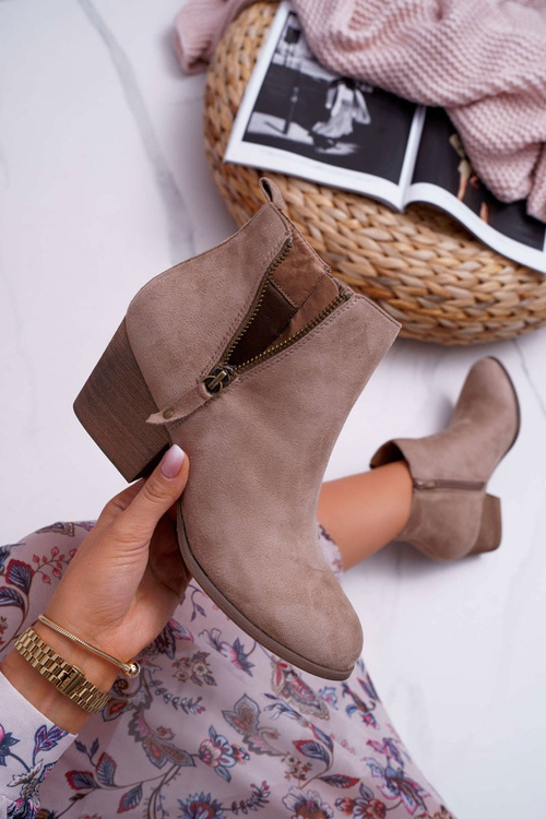 Botki Damskie Na Obcasie Suwak Zamszowe Beżowe Farre