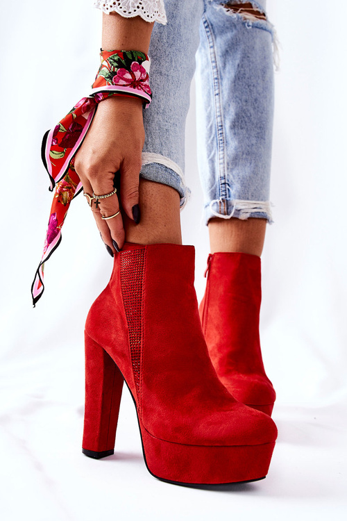 Zamszowe Botki Na Wysokim Obcasie Czerwone Sarsea