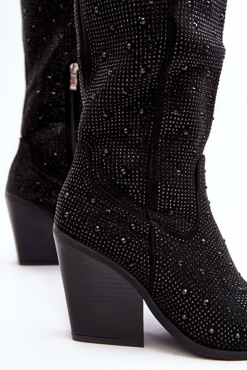 Zdobione Dżetami Kozaki Kowbojki Damskie Przed Kolano Czarne Poelstra