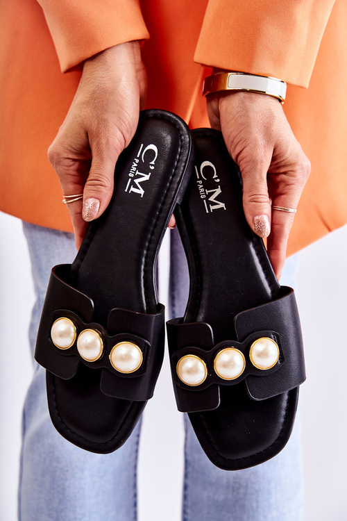 Damskie Klapki Z Ozdobnymi Perełkami Czarne Tacoma