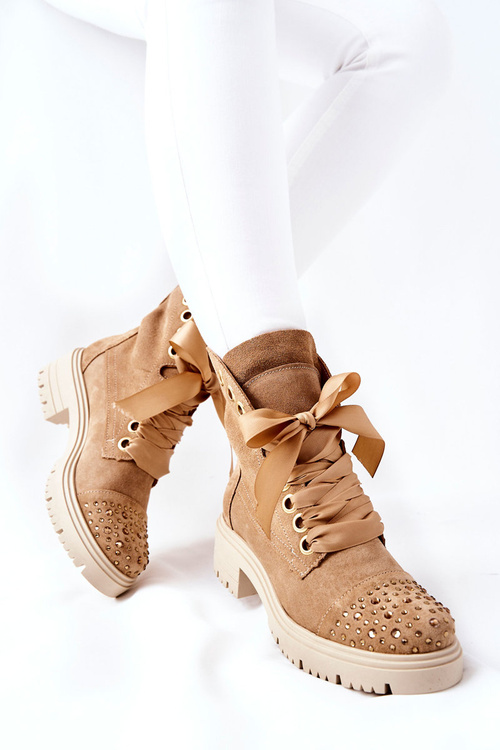 Zamszowe Botki Workery Lewski Shoes Wiązane 3069 Piaskowe