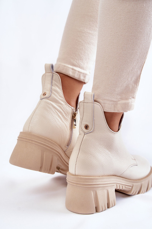 Damskie Skórzane Botki Z Ozdobą Jasnobeżowe Lemar Maley