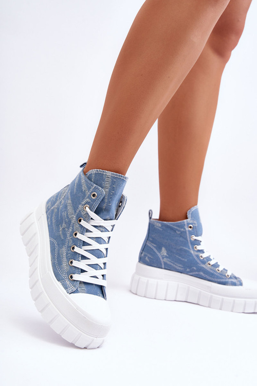 Damskie Wysokie Materiałowe Trampki Niebieskie Degas