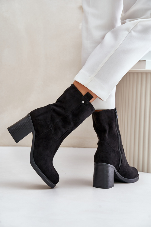 Botki Damskie Ocieplane Na Obcasie Słupku Eko Zamszowe Czarne Vellinga