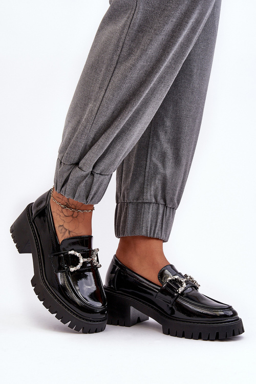 Damskie Lakierowane Półbuty Na Masywnym Obcasie Czarne Lemmitty