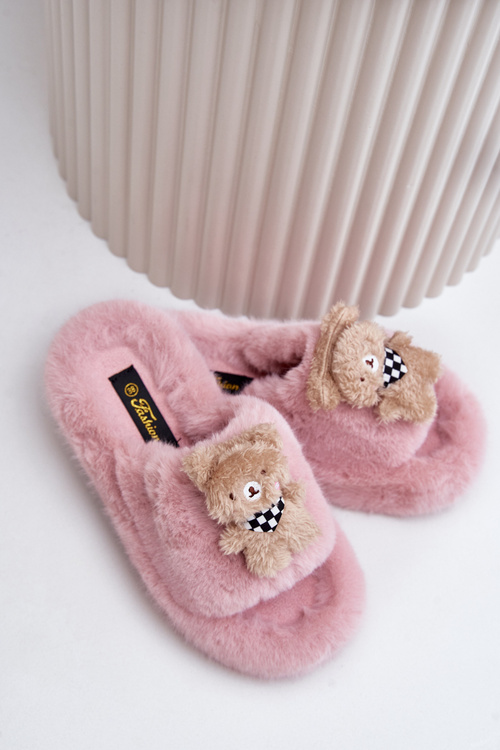 Futrzane Kapcie Damskie Z Misiem Różowe Romania